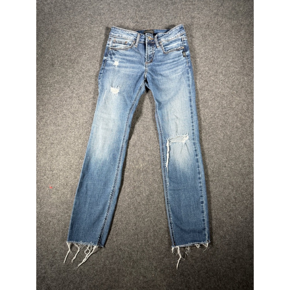 Silver Jeans Co Suki‎ Slim Straight Blue Distressed Raw Hem Jeans 26x27